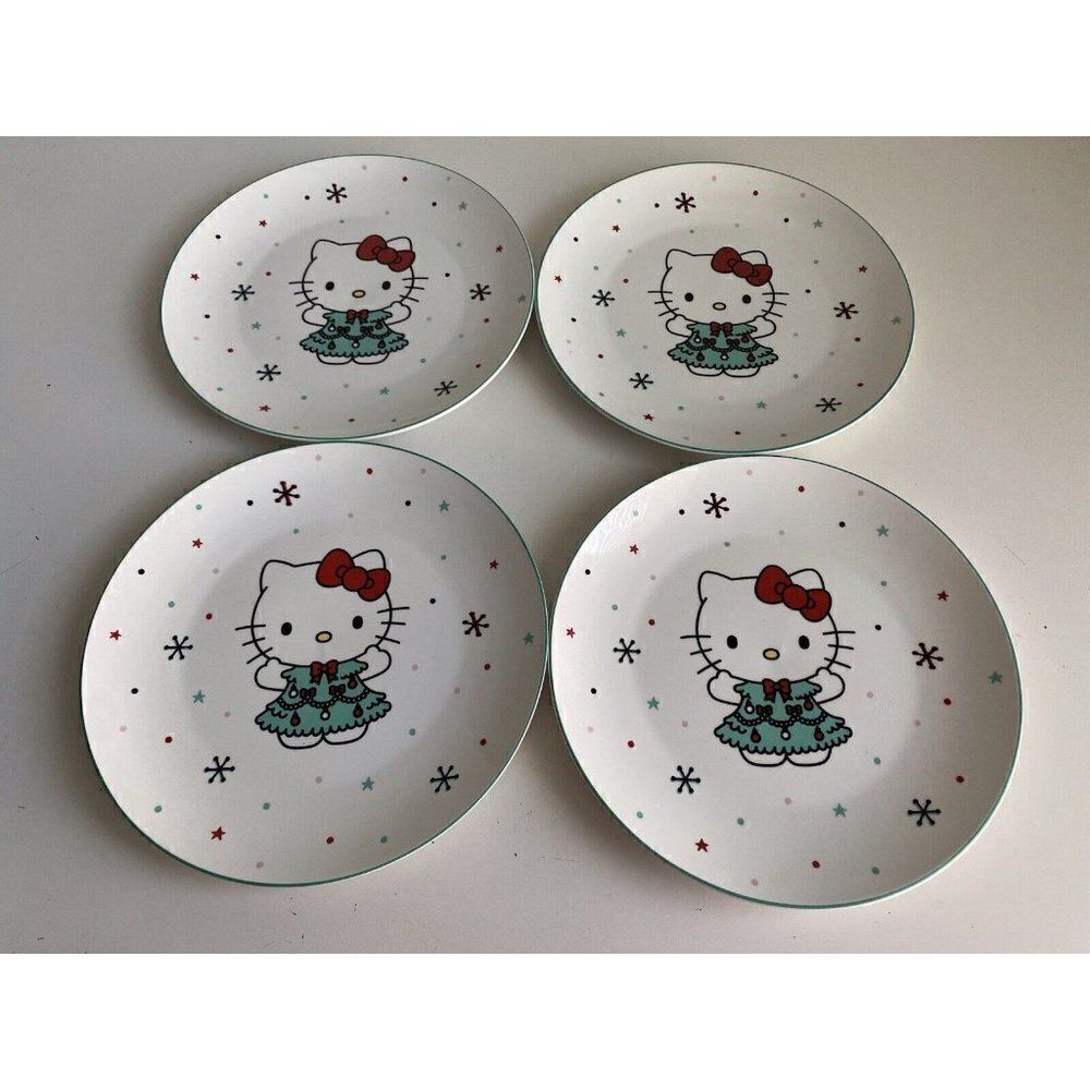 Set Of 4 Sanrio Hello Kitty Ceramic Dinner Plate 10.5” Christmas Tree Snowflake